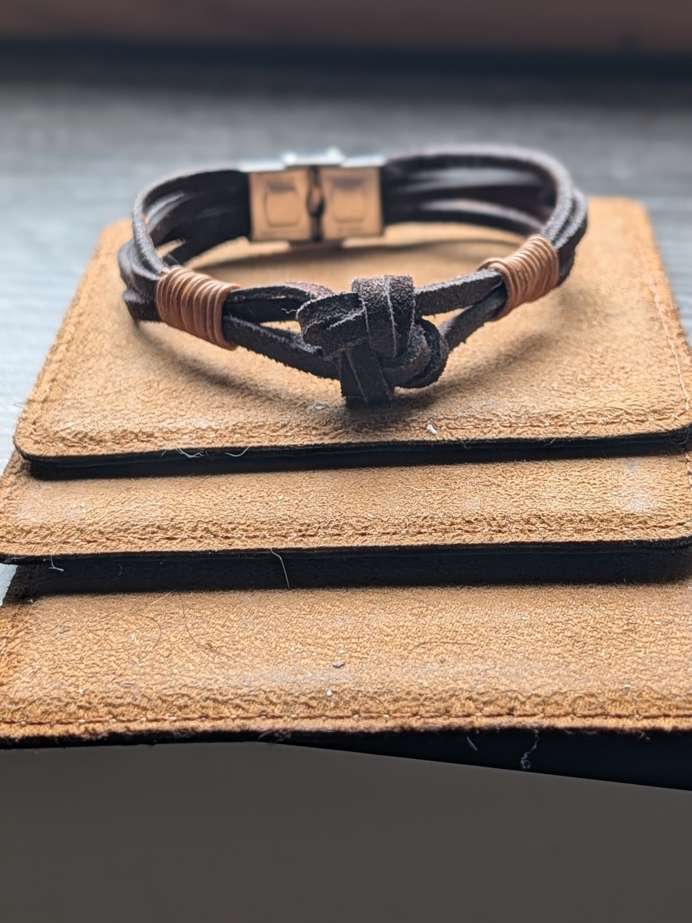 Dark Brown Leather Bracelet with Tan Leather Wrap Accents & Knot Detail – Rustic